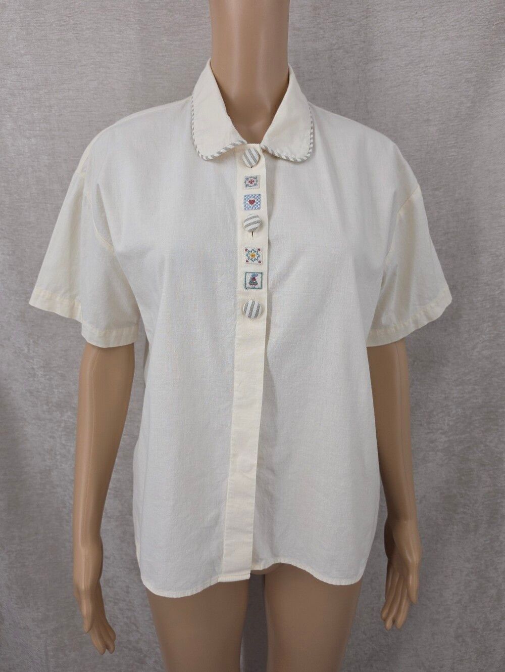 Lucia Women’s Cream Short-Sleeve Button Front Top Blouse Embroidered Details
